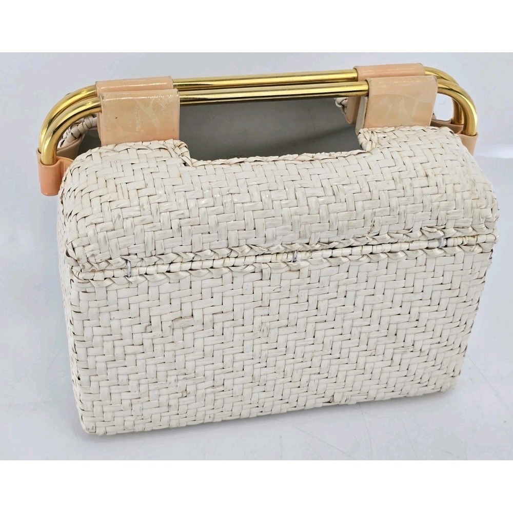 Vtg Rodo Italy Woven Wicker Straw Clutch Bag 3-Tone Gold Peach Pushlock 9x7"